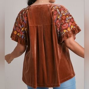 💎 Umgee Women's Top Boho Embroidered Velvet Blouse Rust
